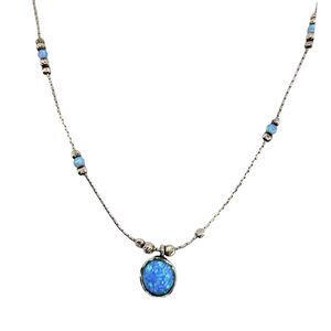 925 Sterling Silver Blue Fire Opal Pendant Necklace 19" Dainty Artisan Israeli